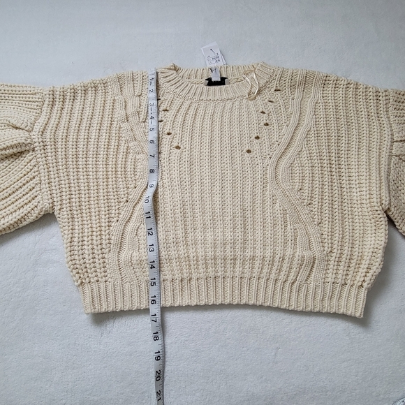 Topshop Cream Pointelle Knit Sweater Small Balloon Sleeve Chunky Pullover NWT - Picture 10 of 13
